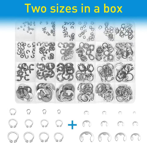 E- and C-clips retaining rings kit with 327 pcs in plastic organizer, 24 sizes (M3–M14), stainless steel