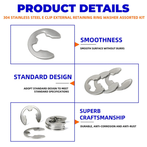 Product details of 304 stainless steel E clip retaining ring assortment kit, showing smooth design and anti-corrosion features.
