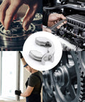 Collage showing uses of Premium E Clip Retaining Ring Set In 304 Stainless Steel For Cars Engines And Machinery, includes gears and machinery use.