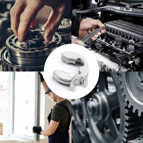 Collage showing uses of Premium E Clip Retaining Ring Set In 304 Stainless Steel For Cars Engines And Machinery, includes gears and machinery use.