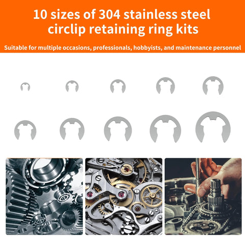 10 sizes of E-clips from 200 Piece Metric E Clips Assortment Kit With 304 Stainless External Retaining Rings M1.5 To M10 Circlips