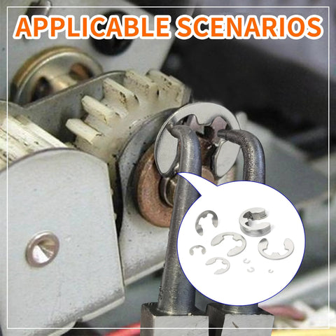 200 Piece Metric E Clips Assortment Kit With 304 Stainless External Retaining Rings M1.5 To M10 in use on machine component