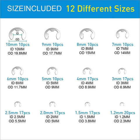 Stainless steel E-clip and C-clip retaining rings kit, 12 sizes from 1.2–10 mm ID, 10–20 pcs per size