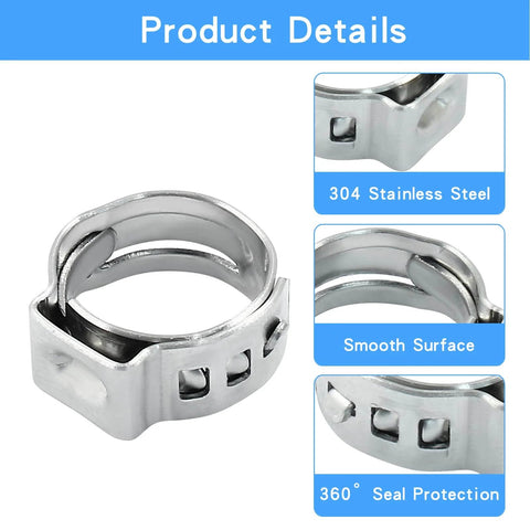 Close-up of 50 Pcs Single Ear Hose Clamps 10.3mm To 12.8mm Stainless Steel 304 Pinch Clamps with smooth edges