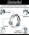 Diagram showing details of a 304 stainless steel single ear hose clamp, highlighting ear width, oetiker ear, interlock, and groove design.