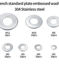 French standard plate embossed washer, 304 stainless steel, sizes M3 to M12, shown with piece count for each size