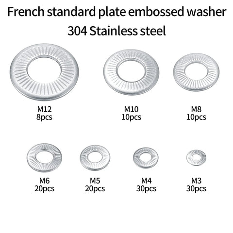 French standard plate embossed washer, 304 stainless steel, sizes M3 to M12, shown with piece count for each size