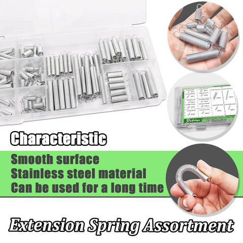 Extension spring assortment kit with smooth stainless steel springs and packaging details in displayed image.