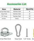 Eight Pcs 304 Stainless Steel Pad Eye Hooks And Eight Pcs Snap Hooks Set With Screws And Anchors For Ceiling And Outdoor Use