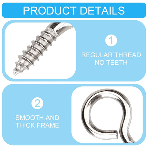Close-up of 50 Pcs 1 Inch 304 Stainless Steel Eye Screws detailing threaded tip and smooth loop design for hanging artwork.