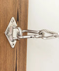 Eight Pcs 304 Stainless Steel Pad Eye Hooks And Eight Pcs Snap Hooks Set With Screws And Anchors For Ceiling And Outdoor Use 2.31 Inch Pad Eye Hooks installed on wood