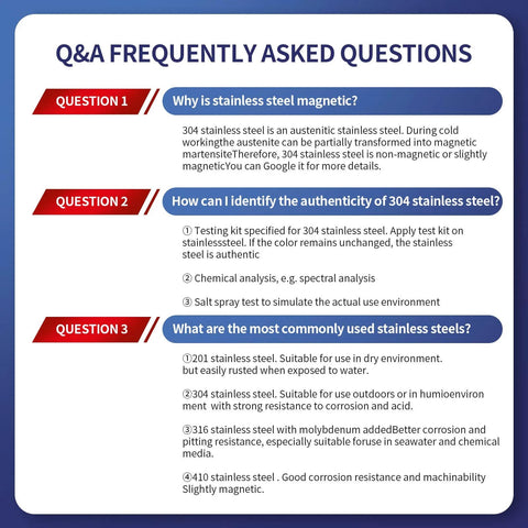 Infographic on frequently asked questions about stainless steel, covering magnetic properties, testing methods, and common types.