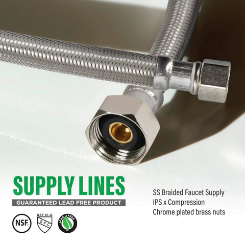 8 Inch Stainless Steel Faucet Connector Braided Brass Nuts One Half Inch IPS To Three Eighths Inch Female Thread Compression Fitting Chrome Plated