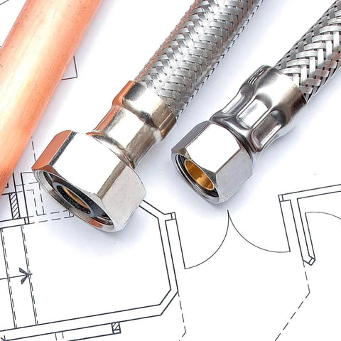 8 Inch Stainless Steel Faucet Connector Braided Brass Nuts One Half Inch IPS To Three Eighths Inch Female Thread Compression Fitting