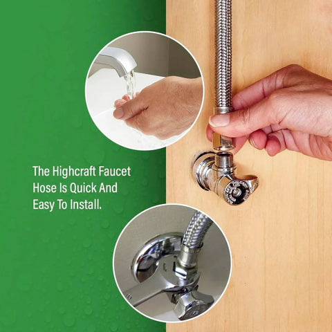 8 Inch Stainless Steel Faucet Connector Braided Brass Nuts One Half Inch IPS To Three Eighths Inch Female Thread Compression Fitting Installed