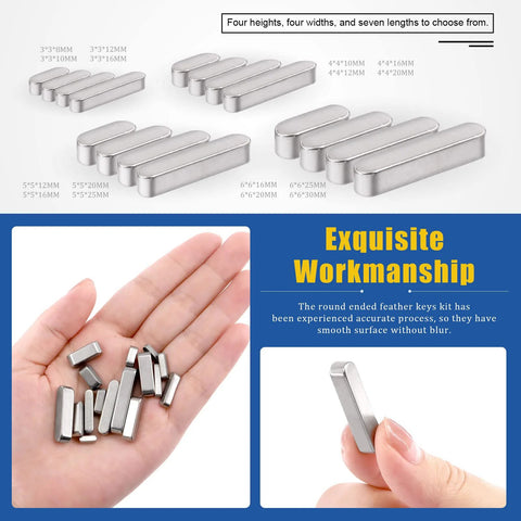 Feather Key Set 140Pcs 8Mm 10Mm 12Mm 16Mm 20Mm 25Mm 30Mm Round End Keystock Assortment in 16 Sizes 304 Stainless Steel displayed.