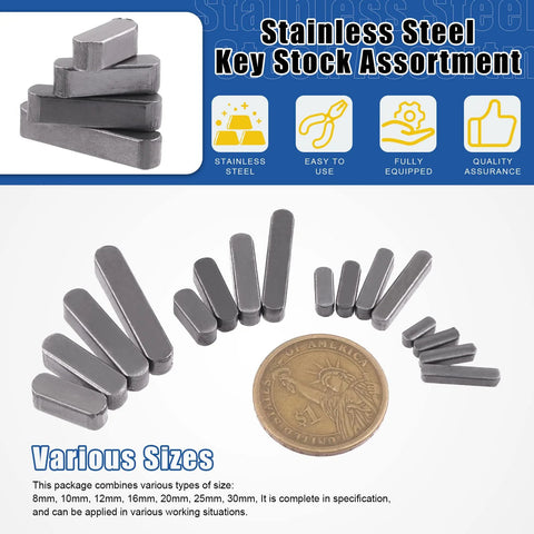 Stainless steel key stock assortment with various sizes displayed next to a coin. Feather Key Stock Set 140Pcs in 16 Sizes.