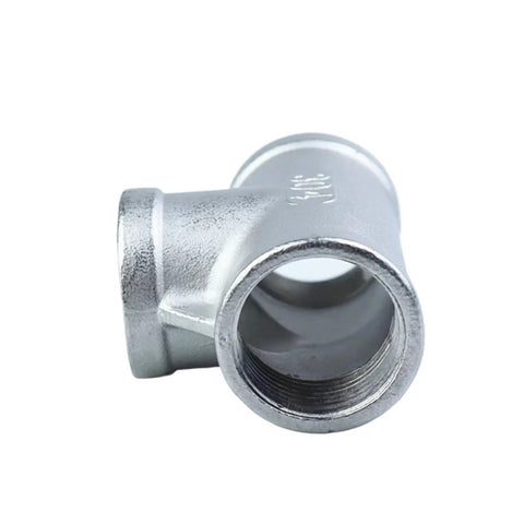 SS304 Stainless Steel Female Threaded 3 Way Tee BSPT Pipe Fitting front view showcasing threading
