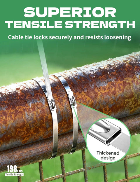 Heavy Duty Stainless Steel Fence Ties 11.8 Inch for Chain Link Fence Chicken Coop Dog Fence with reinforced locking head on rusty pipe