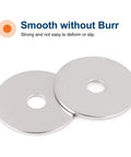 Two flat stainless steel fender washers 1/4 ID x 1-1/4 OD 0.06 thick, smooth surface without burr, pack of 50, shown close-up.