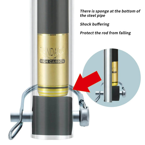 Close-up of stainless steel hitch mounted fishing rod holder with sponge cushion and quick release pin