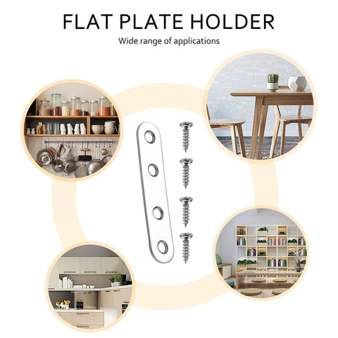 Mending Plates Flat Brackets, 12 Pcs Stainless Steel Straight Brace Brackets, Corner Fixing Joining Plates for Furniture with 48 Screws shown with application examples.