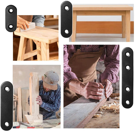 Collage showing woodwork with 26 Sets Flat Plate Straight Bracket Flat Brace Bracket Stainless Steel, 36mm/46mm/56mm/76mm Wood Brackets.