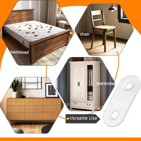 ✝️ 24 Pack 1.42” x 0.63” Flat Bracket Straight Brace for wood furniture repair, showing bedstead, chair, wardrobe, cabinet use.