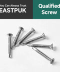 200pcs #10 x 1-1/4 410 Stainless Steel Flat Head Self Drilling Screws displayed on a white background, manufactured by EASTPUK.