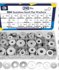 290Pcs Flat Washers, 304 Stainless Steel Fender Washers Assortment in 15 different sizes displayed in an organized box.