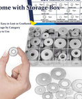 290Pcs Flat Washers, 304 Stainless Steel Fender Washers Assortment in storage box showing different sizes M3 to M12