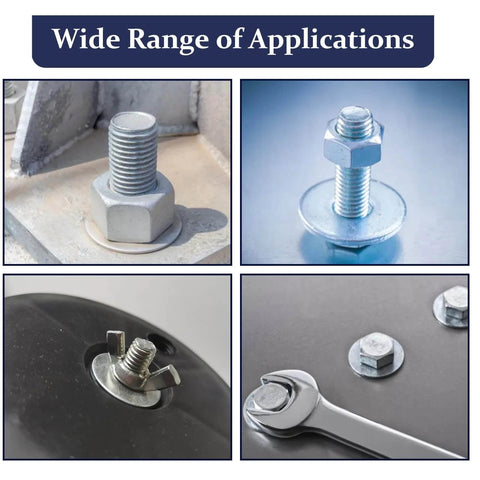 Close-up of 290Pcs Flat Washers, 304 Stainless Steel Fender Washers Assortment in different applications with bolts and nuts.