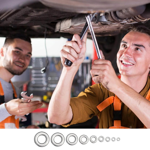 Mechanic using 900 Pieces 304 Stainless Steel Flat Washers Assorted Sizes M2 To M12 For Screws Bolts Industrial Use in car repair