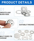 20 Pcs M5 Stainless Steel Flat Washers Set For Screws Bolts Plumbing Automotive And Electrical Projects, shown with size details.