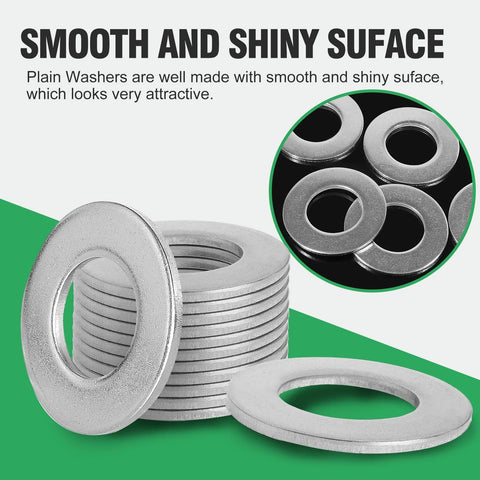 Stainless Steel Flat Washers 1 Inch ID 2 Inch OD 304 Pack of 10, smooth shiny surface, stacked view