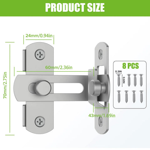 Dimensions of the 90 Degree Bifold Flip Door Latch in Stainless Steel 304, shown with mounting hardware included.
