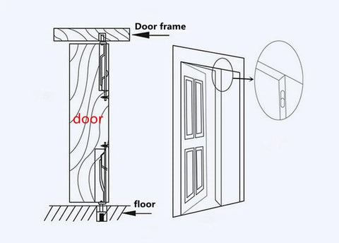 Diagram of Hidden Latch And Bolt Set In 304 Stainless Steel For Security Doors, installed on wooden door, 6 Inch Flush Bolt