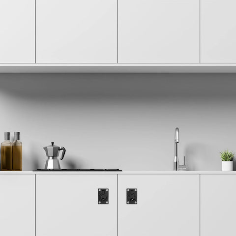 Modern kitchen cabinets with 2 Pack Flush Ring Pulls Stainless Steel Rectangle Recessed Door Pull With Screws Black Finish installed.