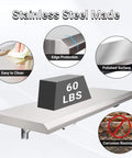 Foldable Concession Shelf for Snack Bars and Carts, 36 by 12 Inches, Stainless Steel, showing 60 lbs capacity and corrosion resistance