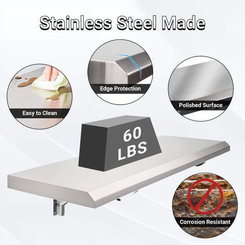 Foldable Concession Shelf for Snack Bars and Carts, 36 by 12 Inches, Stainless Steel, showing 60 lbs capacity and corrosion resistance