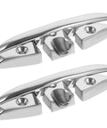 Two 5-inch marine-grade folding boat dock cleats in polished 316 stainless steel for rope mooring.
