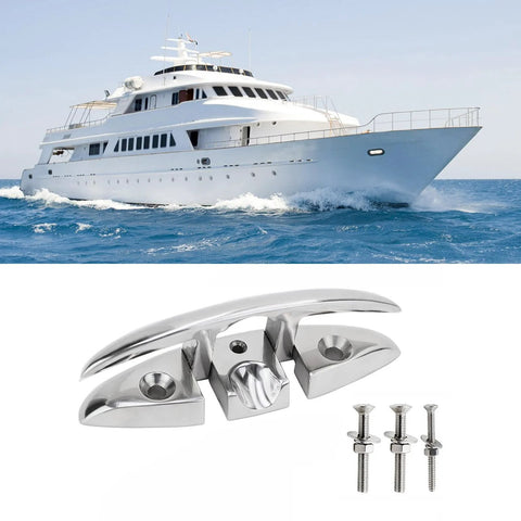 One stainless steel folding boat cleat with mounting screws for marine use on yachts and kayaks