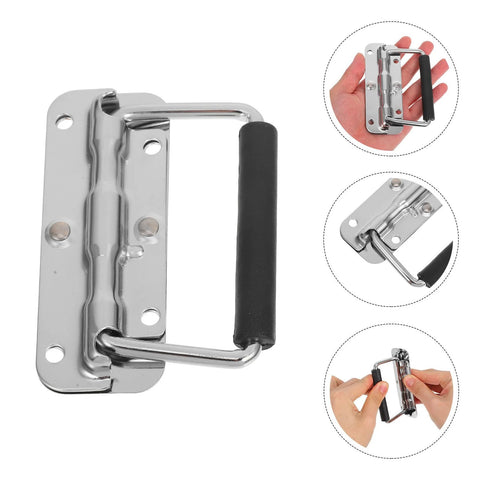 Heavy Duty Stainless Steel Folding Spring Handle 110mm for toolbox and industrial equipment, shown in various views with chrome wire pull.