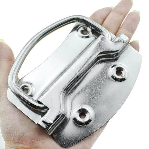 Heavy Duty Stainless Steel Ring Pull Folding Handle Set For Drawers Cabinets Doors Tool Boxes Includes Screws Two Pack held in hand