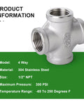 Two Pack Stainless Steel Four Way Pipe Fittings NPT Female Cross For One Half Inch Pipe Connections 304 Stainless Steel