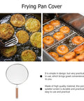 1pc Stainless Steel Explosion-proof Oil Screen Cover Cooking Oil Filter Strainer Pan Cover with wooden handle displayed.