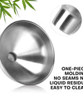 Stainless Steel Funnel Set Of 2 with narrow 0.5 inch mouth and wide 1 inch mouth, seamless one-piece brushed finish, easy to clean.