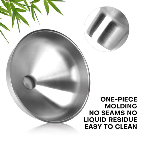 Stainless Steel Funnel Set Of 2 with narrow 0.5 inch mouth and wide 1 inch mouth, seamless one-piece brushed finish, easy to clean.