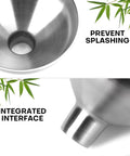 Top and side view of stainless steel funnels from the Stainless Steel Funnel Set Of 2 With Narrow 0.5 Inch Mouth And Wide 1 Inch Mouth.