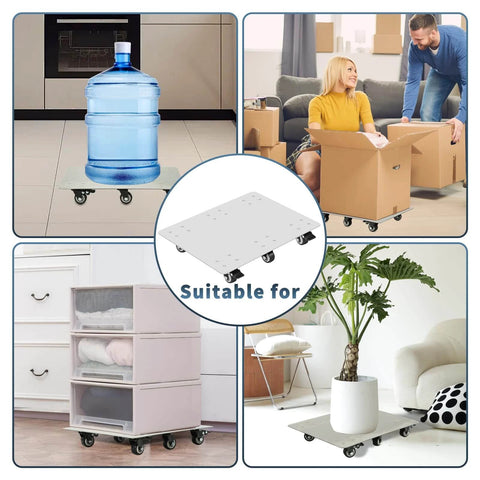 Heavy duty stainless steel furniture dolly with 6 swivel casters and 4 locking brakes, 1000 lb capacity, shown moving various items.